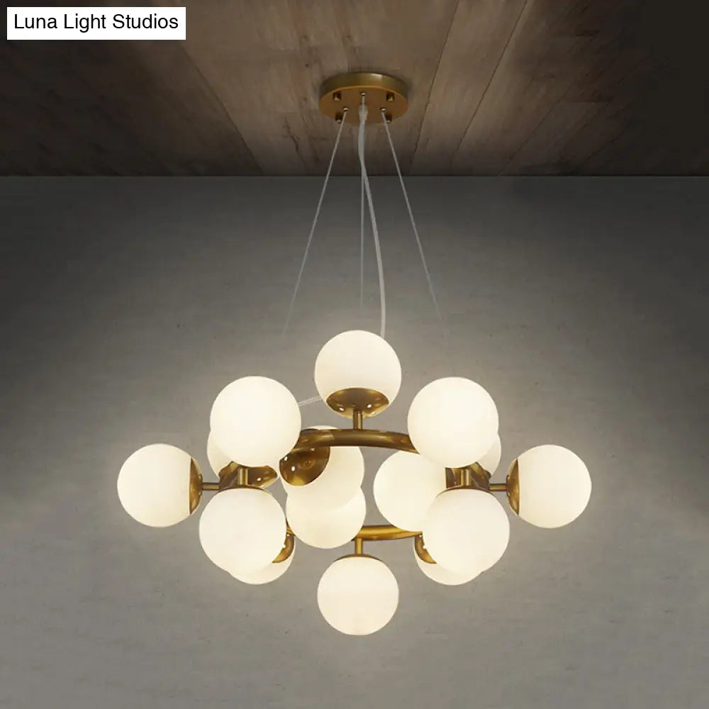 Modernist Gold Sphere Chandelier - 15-Light White Glass Pendant Light