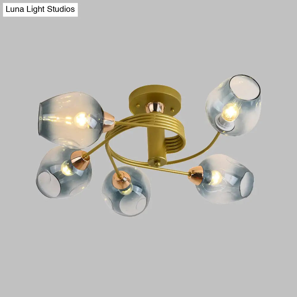 Modernist Gold Twisted Arm Flush Mount Lamp With Blue Dimpled Glass Shade - Set Of 5