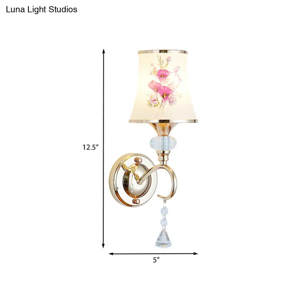 Modernist Gold Wall Mount Lamp With Arced Painted Glass Shade For Bedroom Lighting