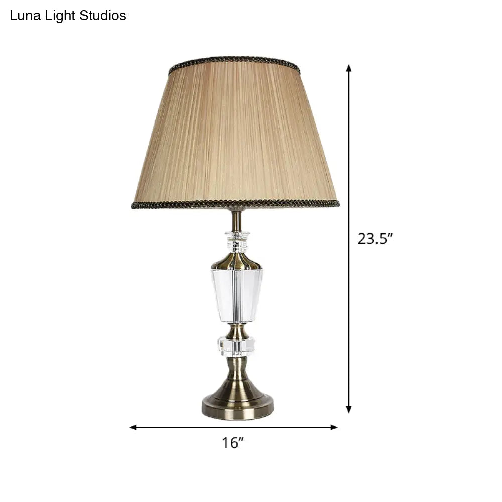 Modernist Small Beige Desk Lamp With Fabric Barrel Shade - Ideal Bedside Table Light