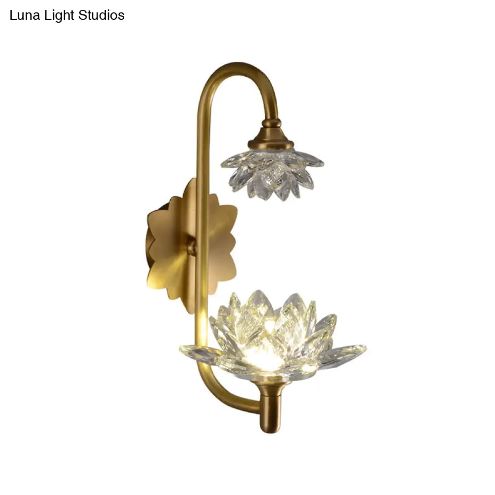 Modernist Style Brass Finish Wall Sconce With Crystal Shade - Lotus Clear