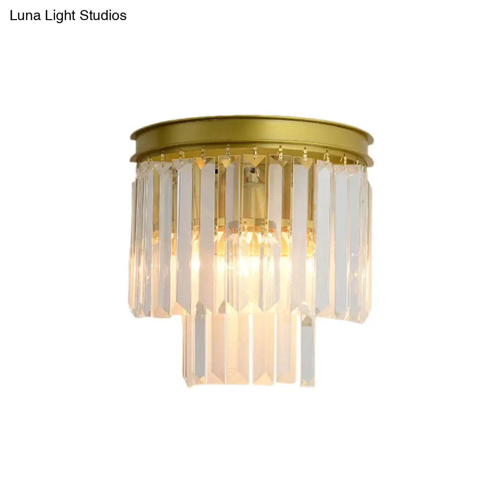 Modernist Style Gold Wall Lamp With Clear Faceted Crystal And 2 Bulbs - Elegant Light Fixture