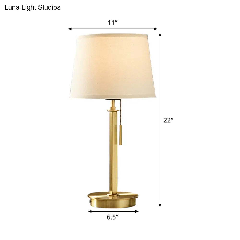 Modernist White Table Lamp With Pull Chain - Barrel Fabric Shade 1-Head Nightstand Light