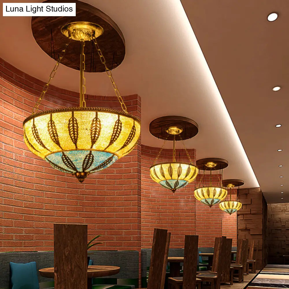 Moroccan 3-Headed Yellow Metallic Bowl Ceiling Chandelier For Restaurants