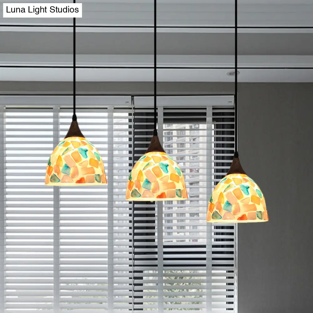 Mosaic Tile Shell Drop Tiffany-Style Pendant Lamp With Bell Shape Bronze Finish - 3 Bulbs