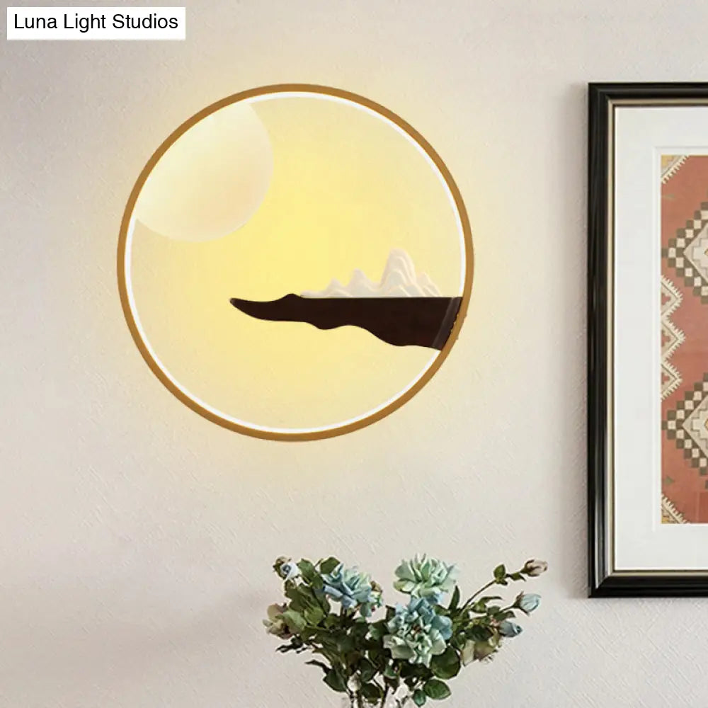 Mountain & Full Moon Wood-Black/Beige Led Sconce Light: Asian Wall Mural For Hotels