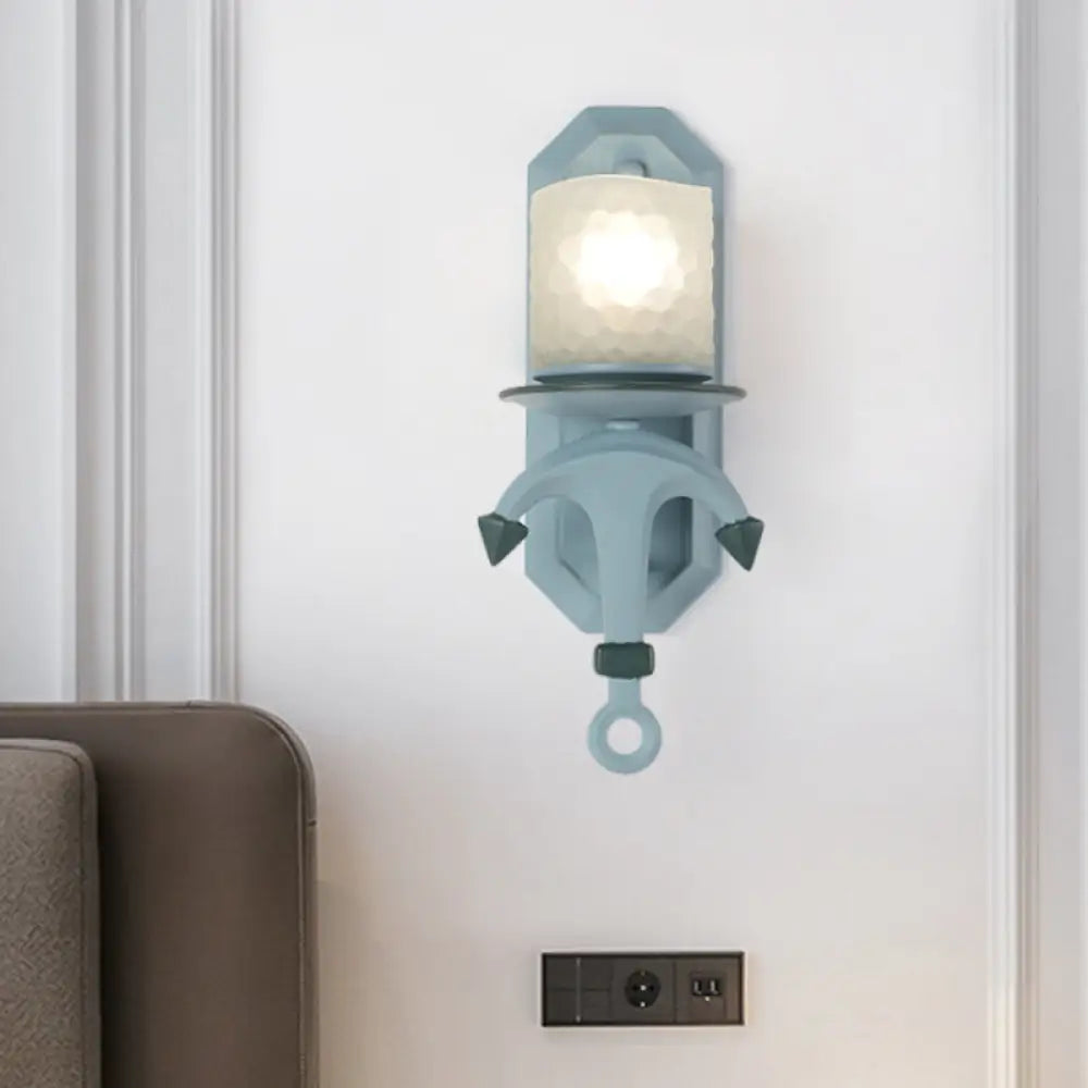 Nautical Blue Glass Cylinder Wall Light With Resin Anchor Deco - Mount Lamp 1 /