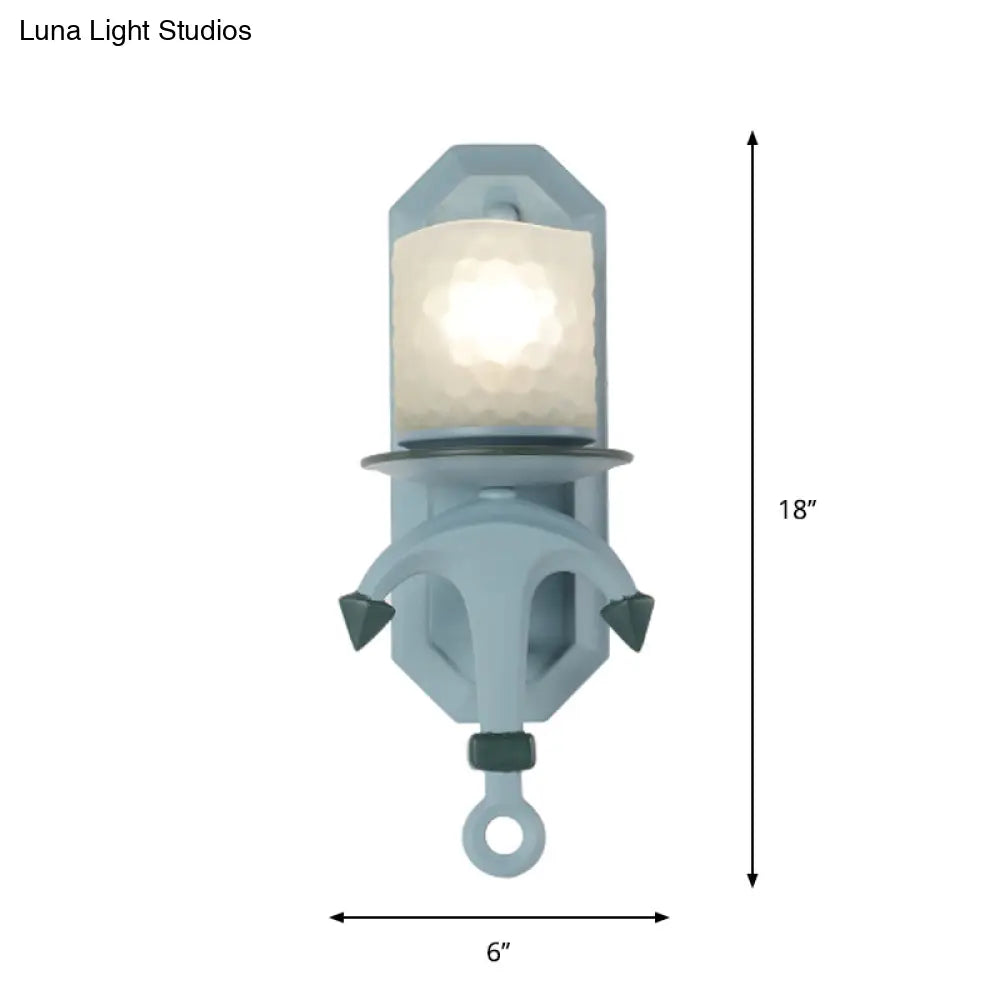 Nautical Blue Glass Cylinder Wall Light With Resin Anchor Deco - Mount Lamp