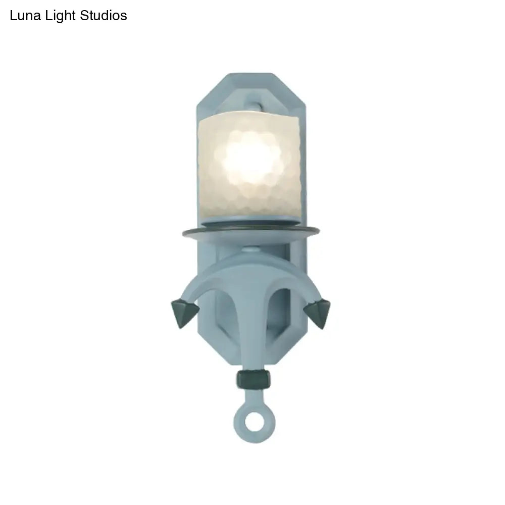 Nautical Blue Glass Cylinder Wall Light With Resin Anchor Deco - Mount Lamp