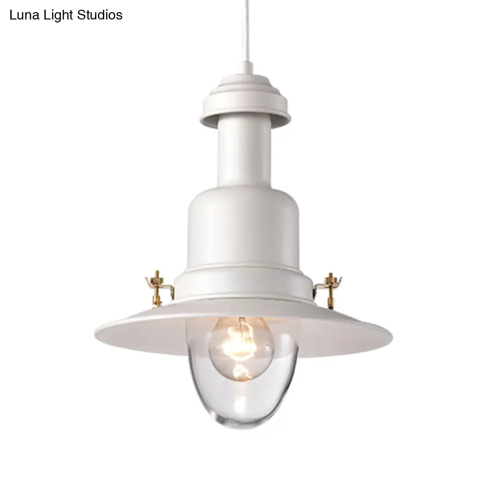 Nautical Style Flat Shade Pendant Lamp - 1 Light Metallic Suspended Black/White Finish For Kitchen