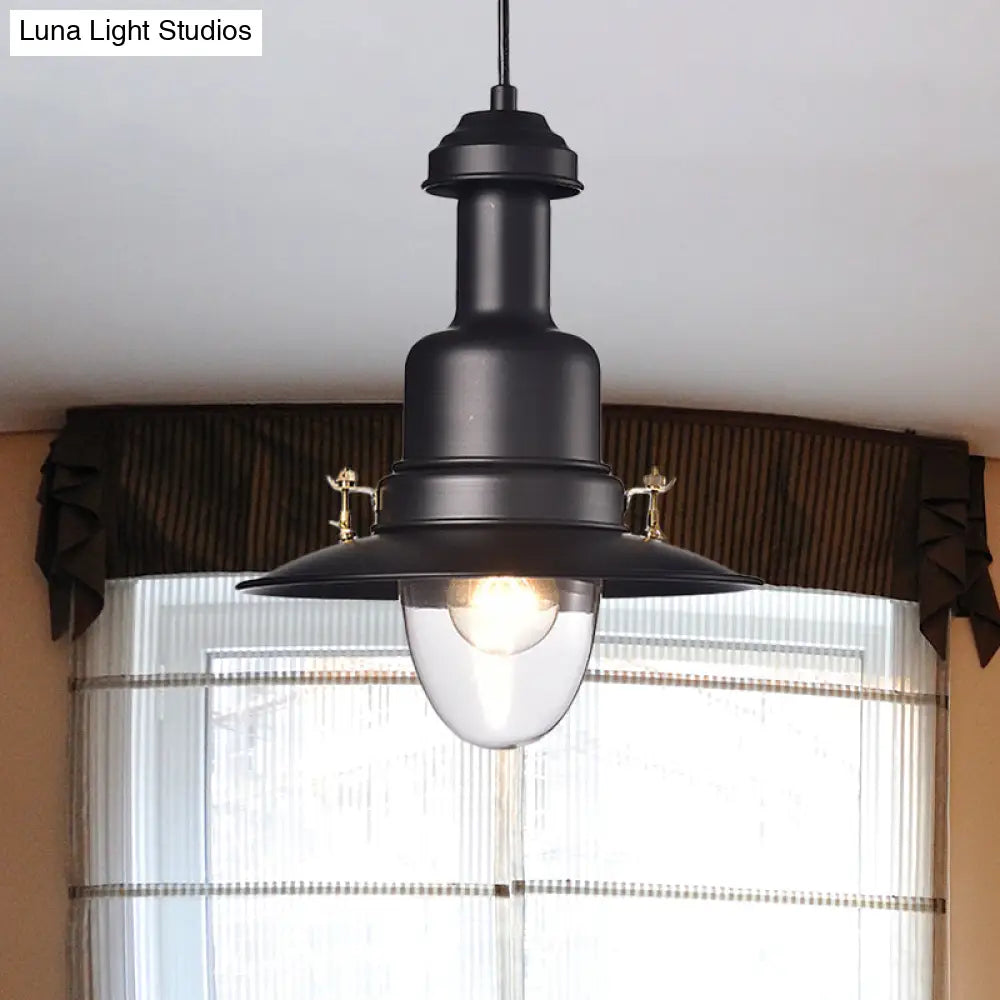 Nautical Style Flat Shade Pendant Lamp - 1 Light Metallic Suspended Black/White Finish For Kitchen