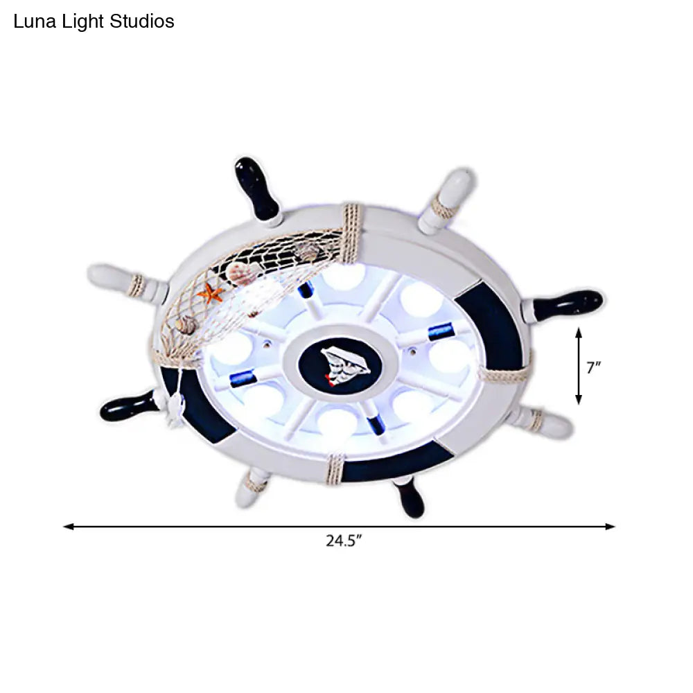 Nautical Style Flush Mount Light With Rudder Shape - 8 Lights Metal Ceiling Lamp For Nursing Room