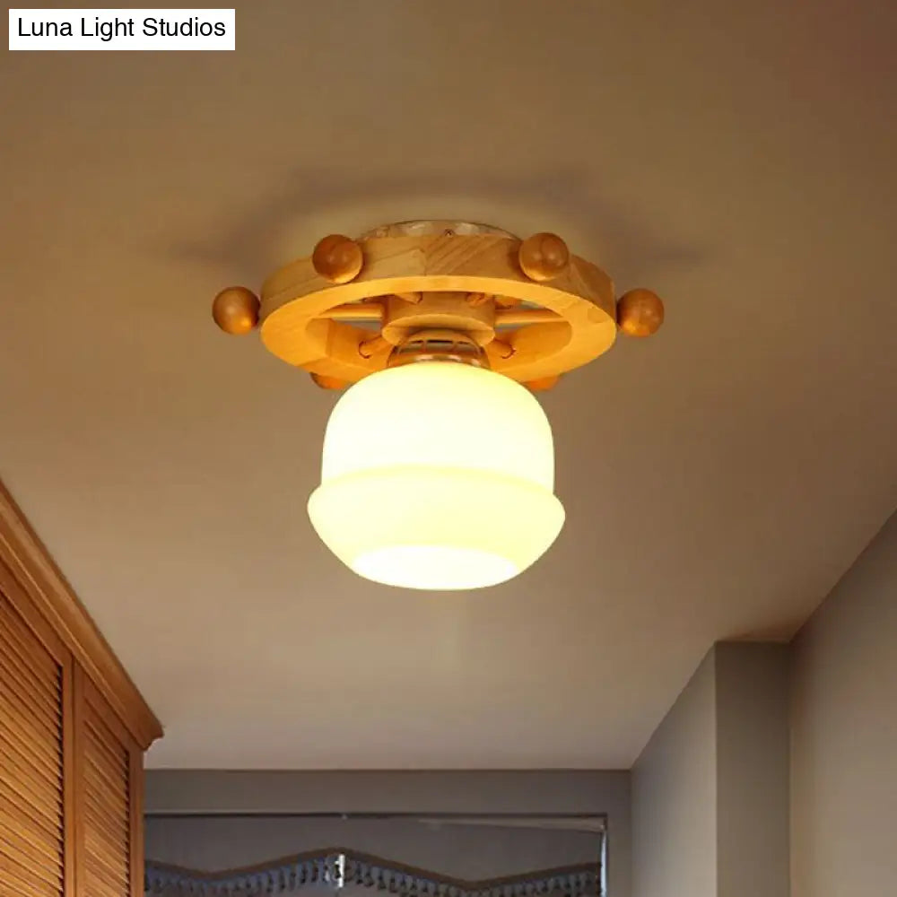 Nordic 1-Light White Glass Flushmount Ceiling Light With Wheel Backplate - Ideal For Bathrooms