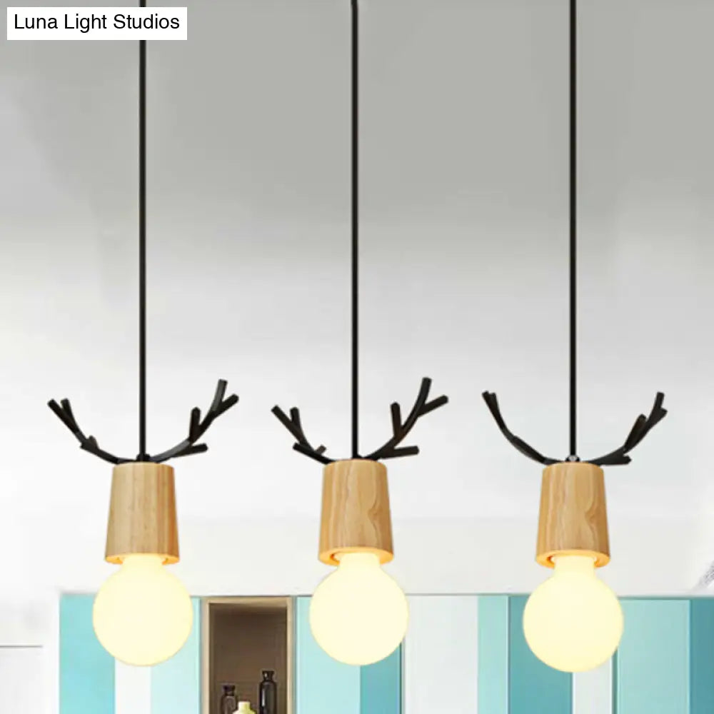 Nordic Antler Wooden 3-Light Hanging Pendant With Open Bulb Design For Restaurants