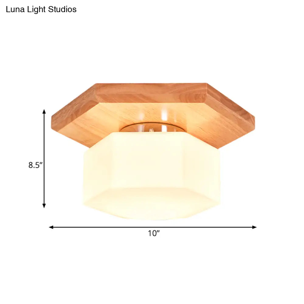 Nordic Cream Glass Hexagon Flush Ceiling Light With Wood Canopy - 1 Flushmount Lighting