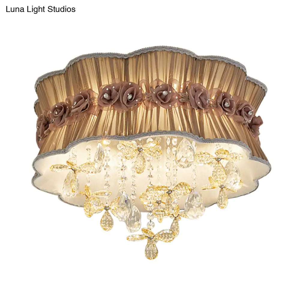 Nordic Crystal Floral Flushmount Light With Sheer Fabric Shade - Coffee/Pink 6-Bulb Close To Ceiling