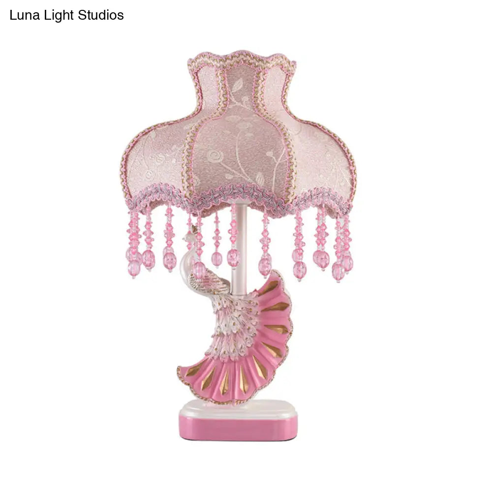 Nordic Fabric Dome Table Lamp - Pink/Blue Reading Book Light With Fringe And Peacock Deco