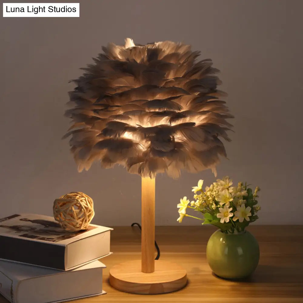 Nordic Feather Dome Nightstand Light - Pink/White/Grey With Wood Pole
