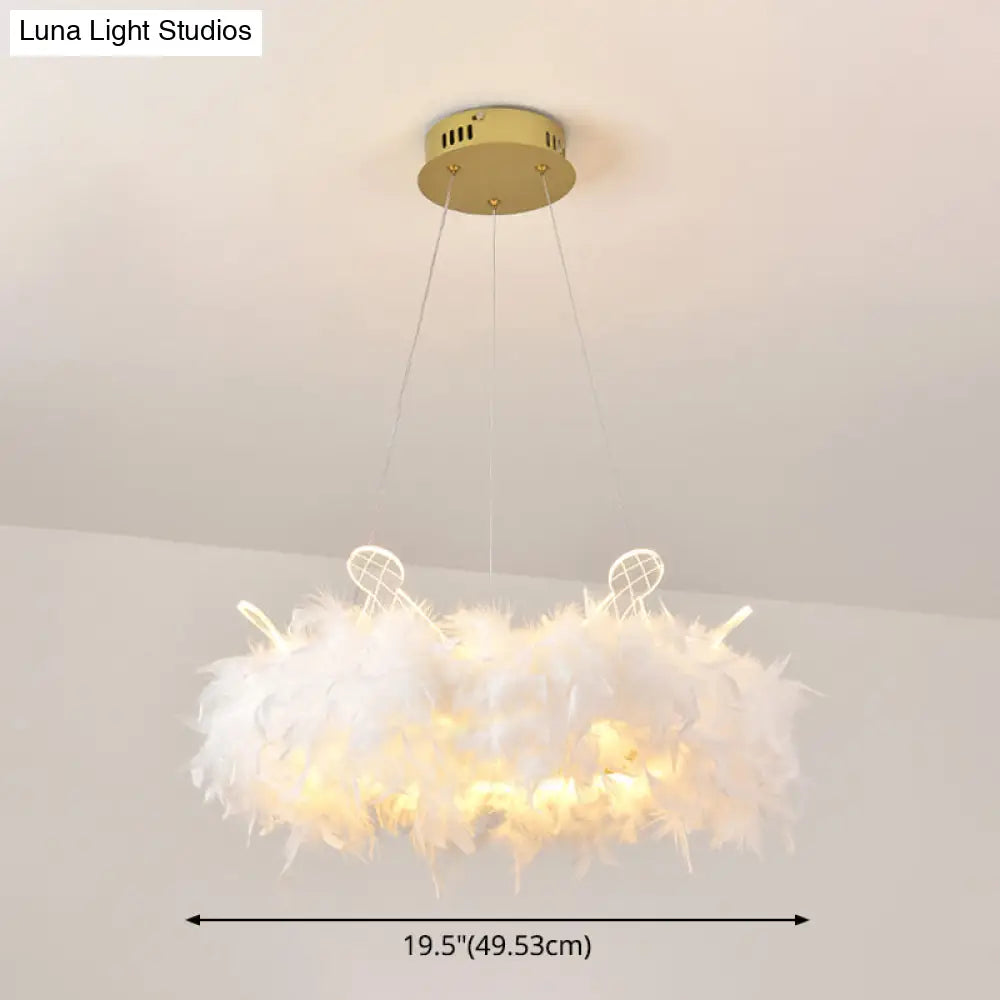 Nordic Gold And White Feather Crown Chandelier For Girls Room - Elegant Suspension Lighting