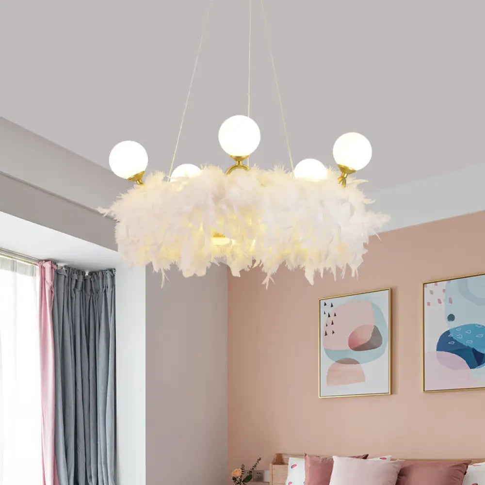 Nordic Gold And White Feather Crown Chandelier For Girls Room - Elegant Suspension Lighting 5 /