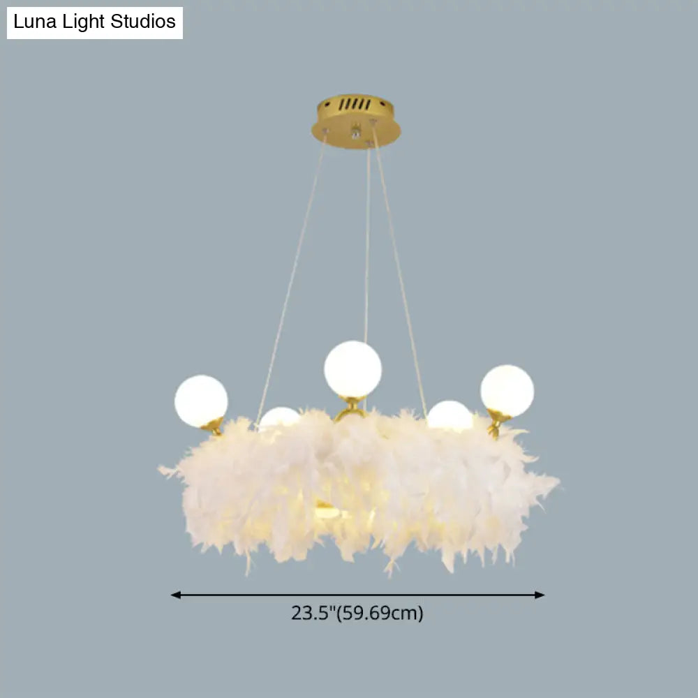 Nordic Gold And White Feather Crown Chandelier For Girls Room - Elegant Suspension Lighting