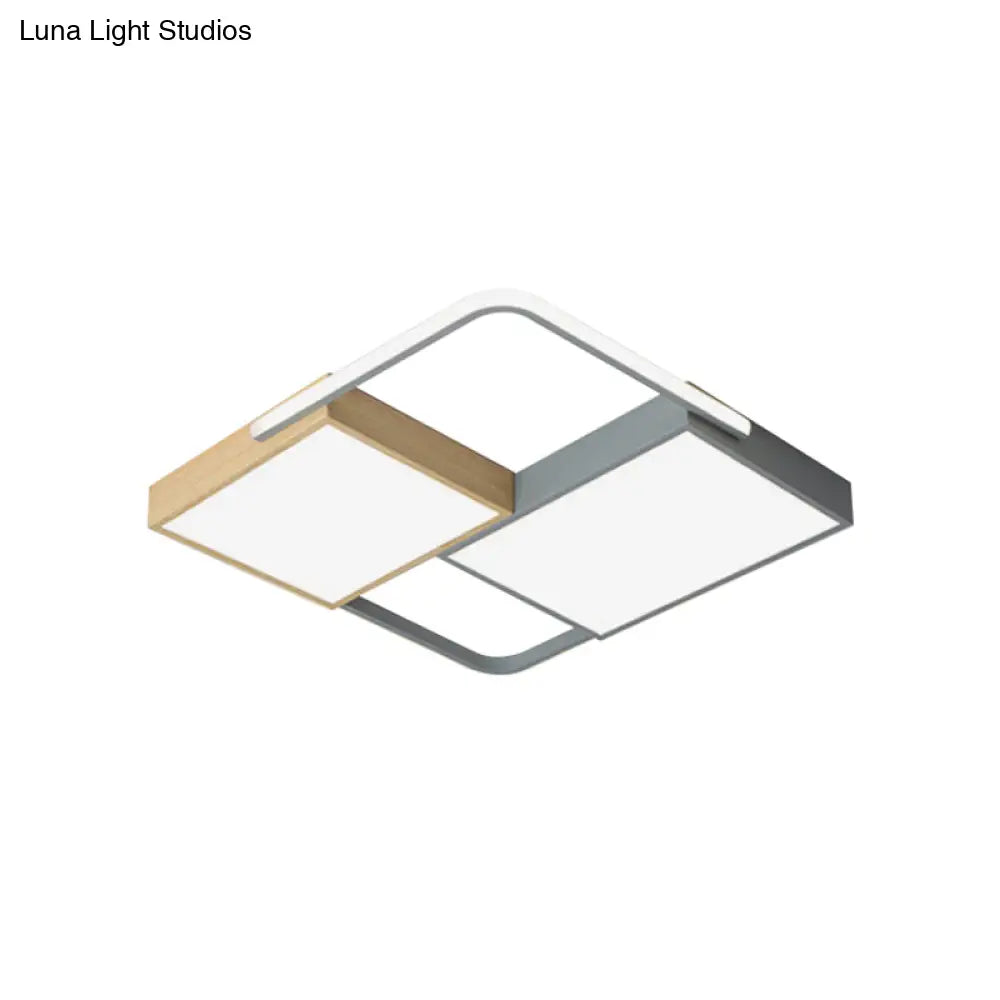 Nordic Led Ceiling Light - 20.5’ X 34’ Acrylic Grey & Wood Flush Mount With Grid Design Warm/White