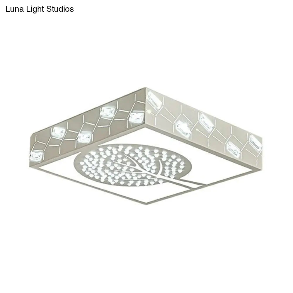 Nordic Metal Led Bedroom Ceiling Lamp - Square Box Flush Mount With Crystal Bead & Tree Pattern