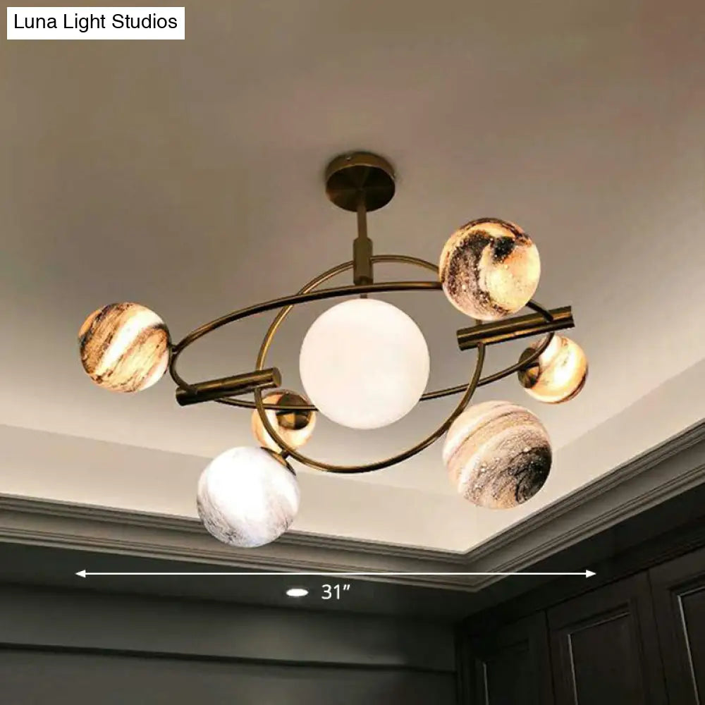 Nordic Planet Chandelier - White-Stained Glass Hanging Light Fixture In Brass Ideal For Restaurants