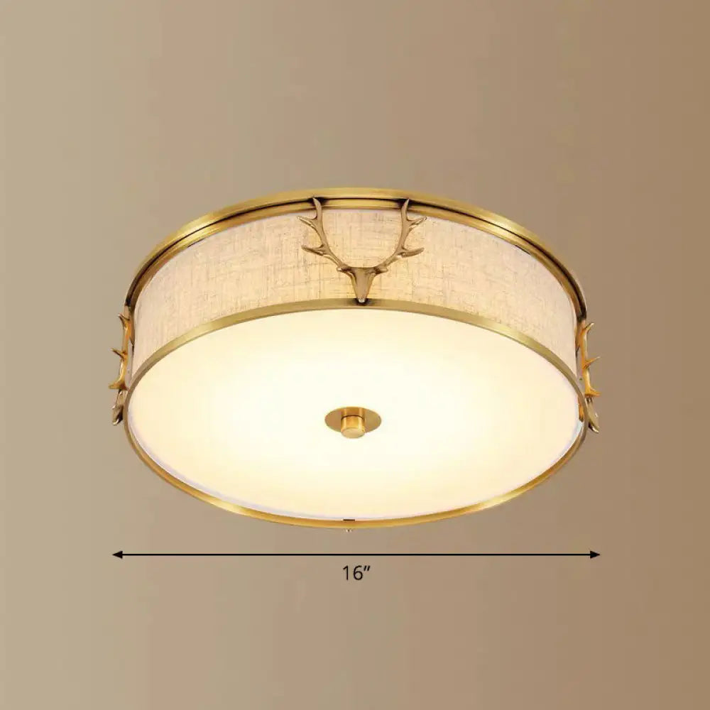 Nordic Style Ceiling Flush Light With Decorative Antler Design For Foyer - Fabric Drum Brass / 16’