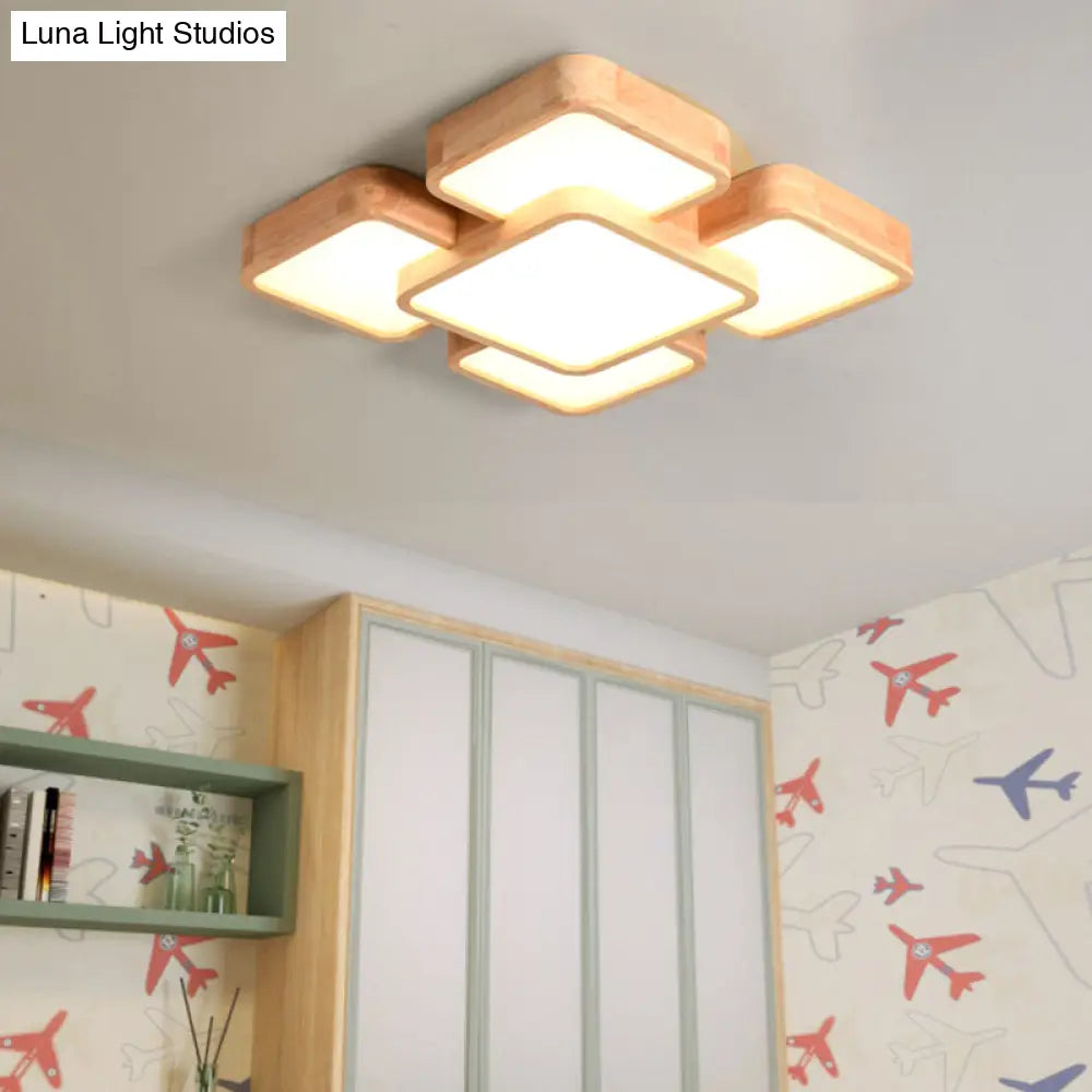 Nordic Style Led Flush Ceiling Light With Square Wood Finish - Perfect For Bedrooms