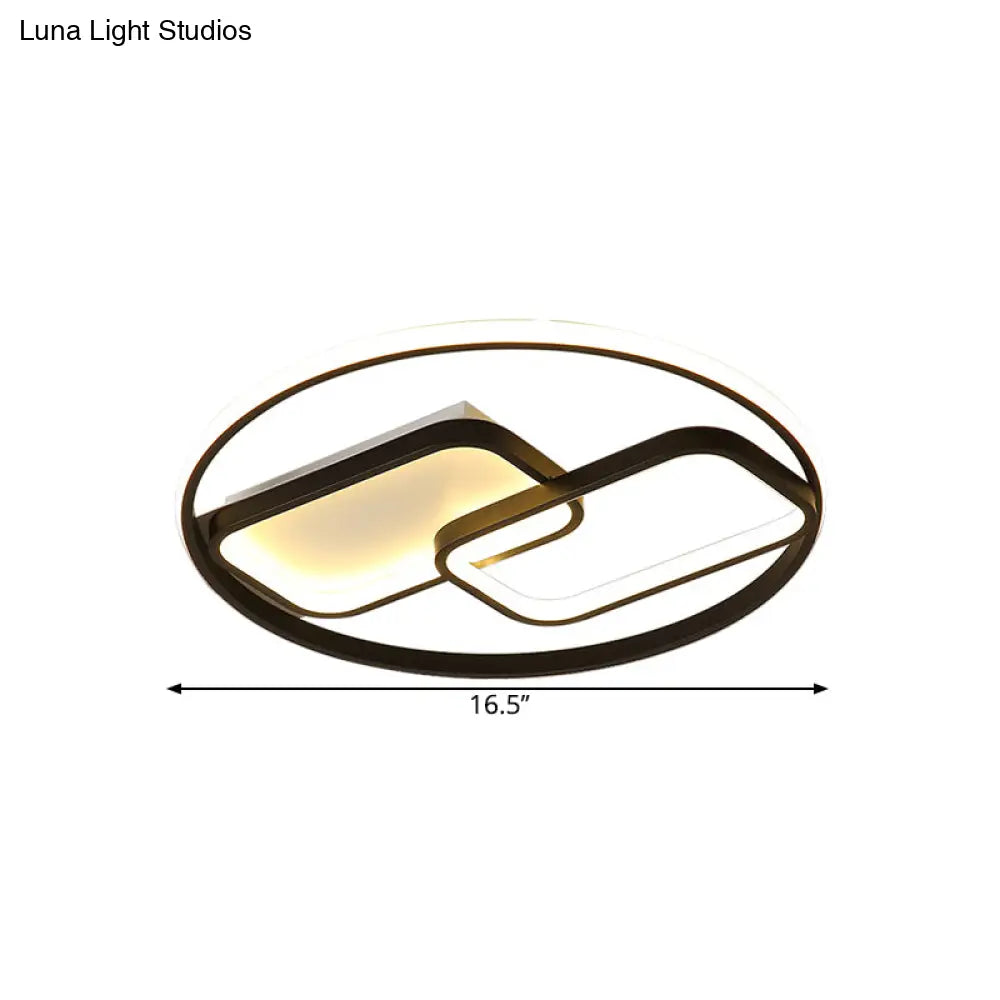 Nordic Style Metal Flush Mount Lamp - Ring And Rectangle Design Led Black Ceiling Light