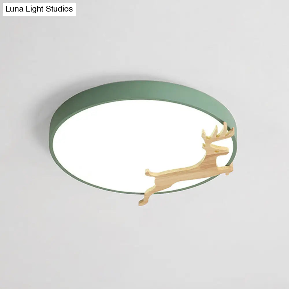 Nordic Style Round Flush Light With Running Deer Pattern - Acrylic Grey/White/Green & Wood Led