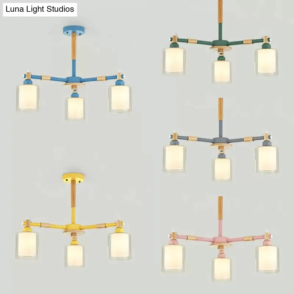 Nordic Style Wood & Glass Cylinder Chandelier With 3 Heads - Ideal Hanging Light For Hallway Or Kids