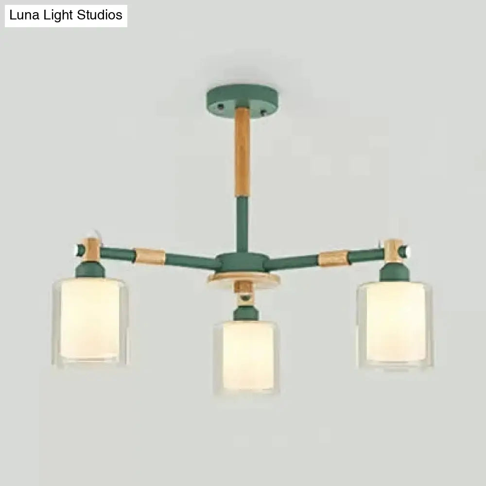 Nordic Style Wood & Glass Cylinder Chandelier With 3 Heads - Ideal Hanging Light For Hallway Or Kids