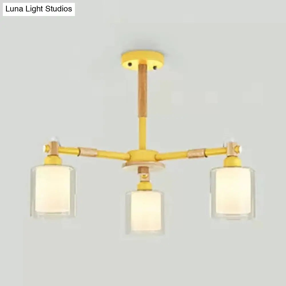 Nordic Style Wood & Glass Cylinder Chandelier With 3 Heads - Ideal Hanging Light For Hallway Or Kids