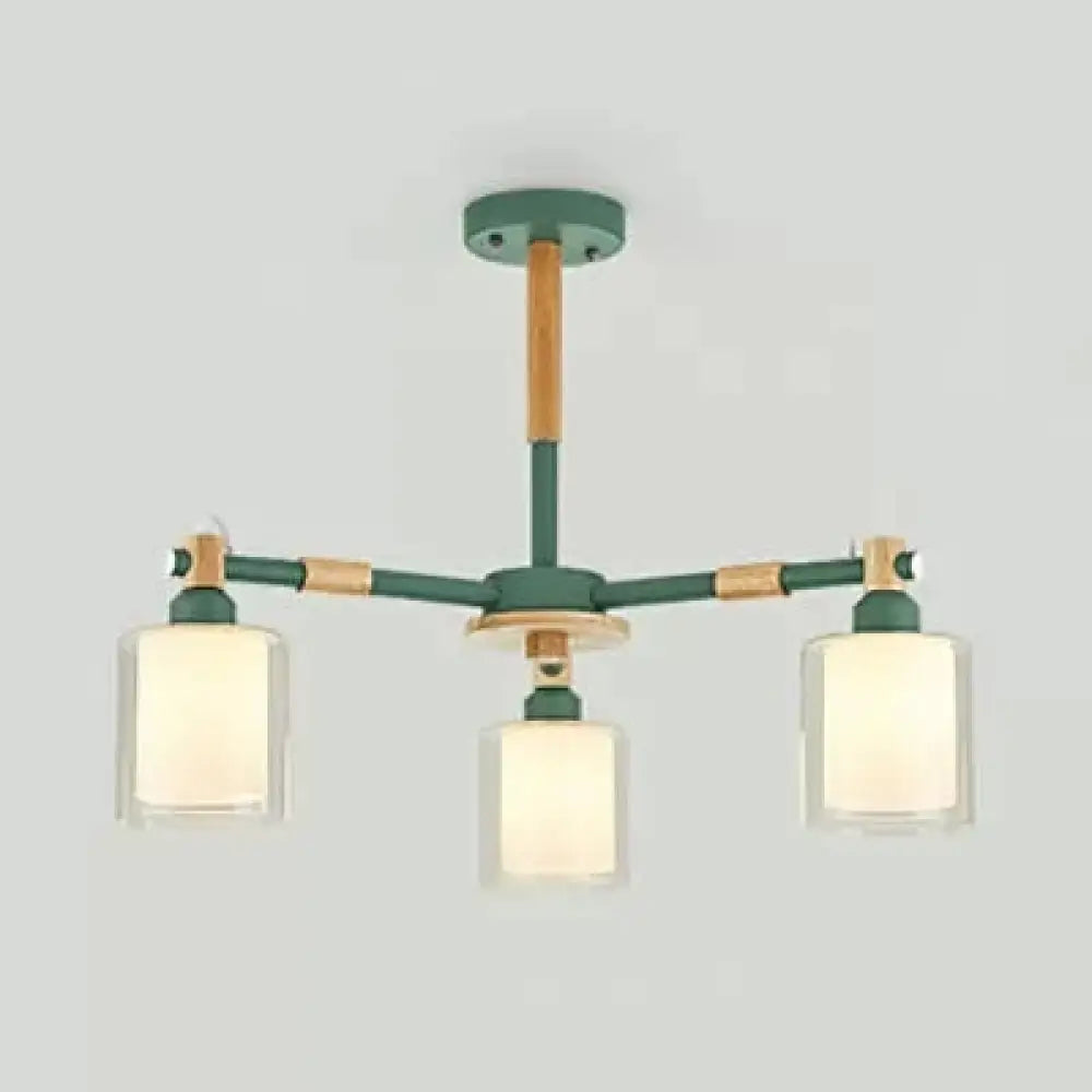 Nordic Style Wood & Glass Cylinder Chandelier With 3 Heads - Ideal Hanging Light For Hallway Or Kids