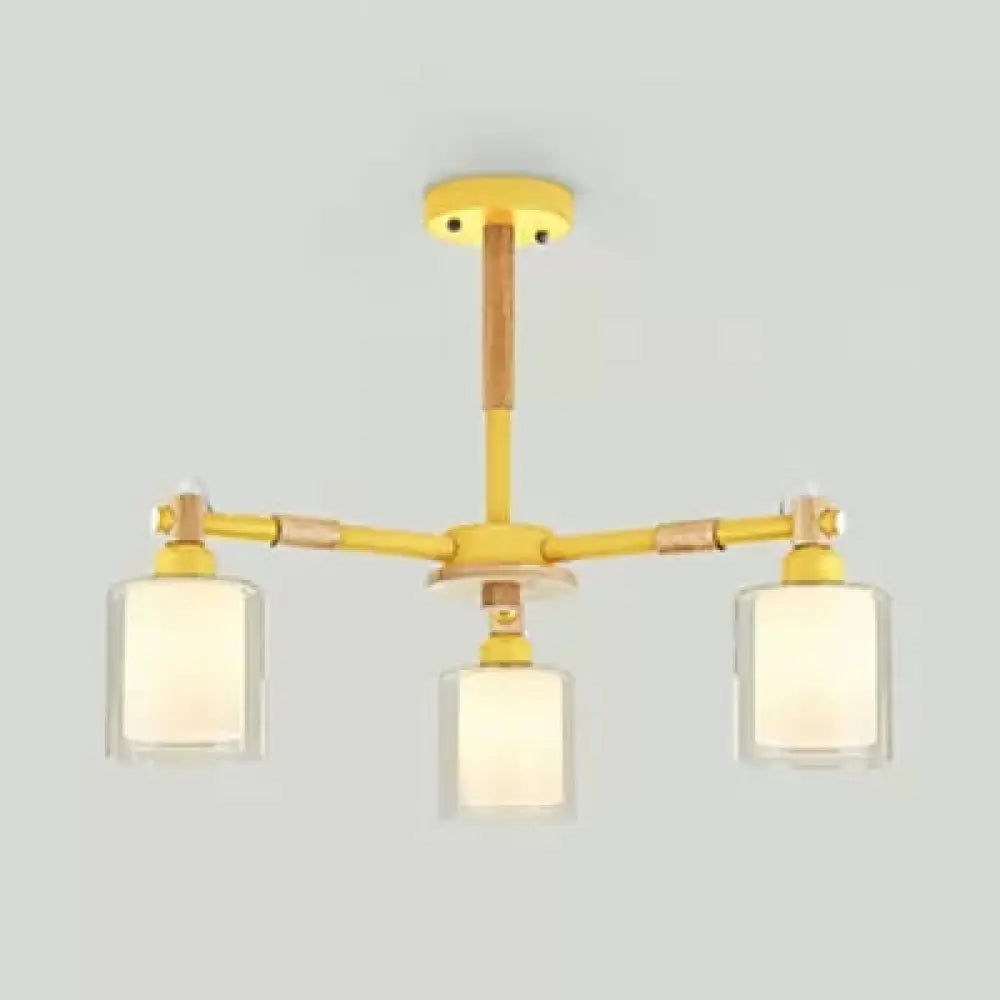 Nordic Style Wood & Glass Cylinder Chandelier With 3 Heads - Ideal Hanging Light For Hallway Or Kids
