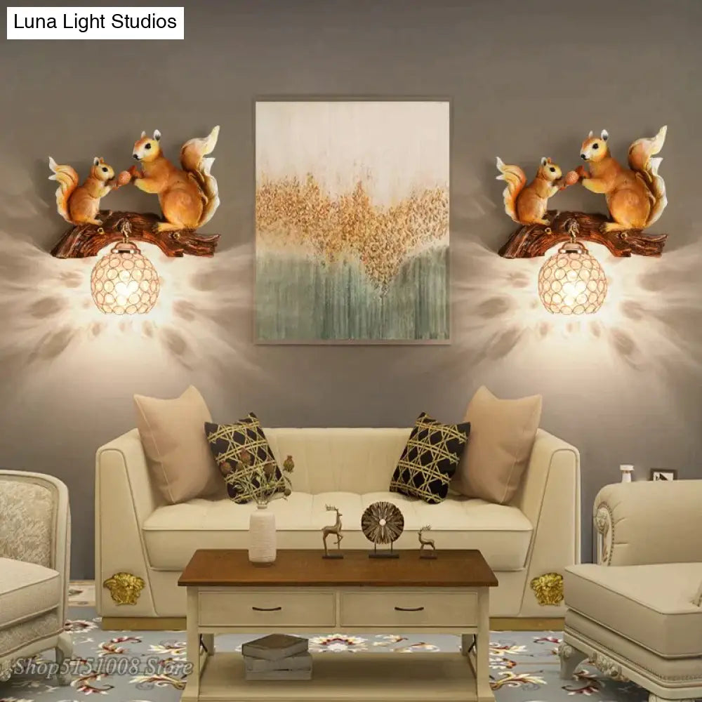 Nordic Vintage Style Resin Squirrel Crystal Led Wall Lamp Wall Lamp