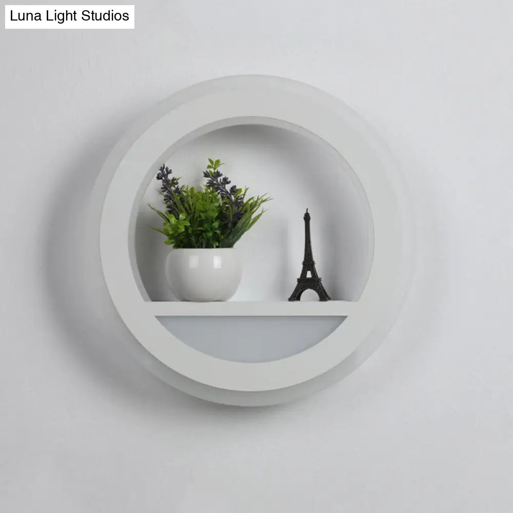 Nordic White Led Acrylic Halo Ring Wall Sconce Light Fixture With Shelf Design