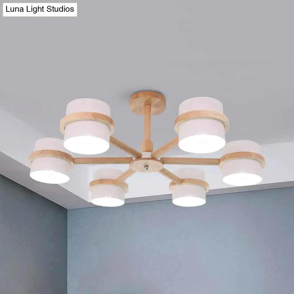Nordic Wood Cylinder Chandelier - 6-Light Ceiling Pendant For Foyer And Cloth Shop