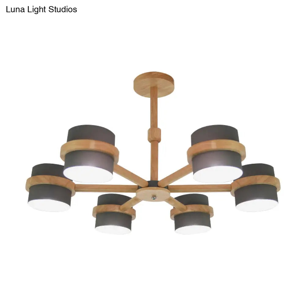 Nordic Wood Cylinder Chandelier - 6-Light Ceiling Pendant For Foyer And Cloth Shop