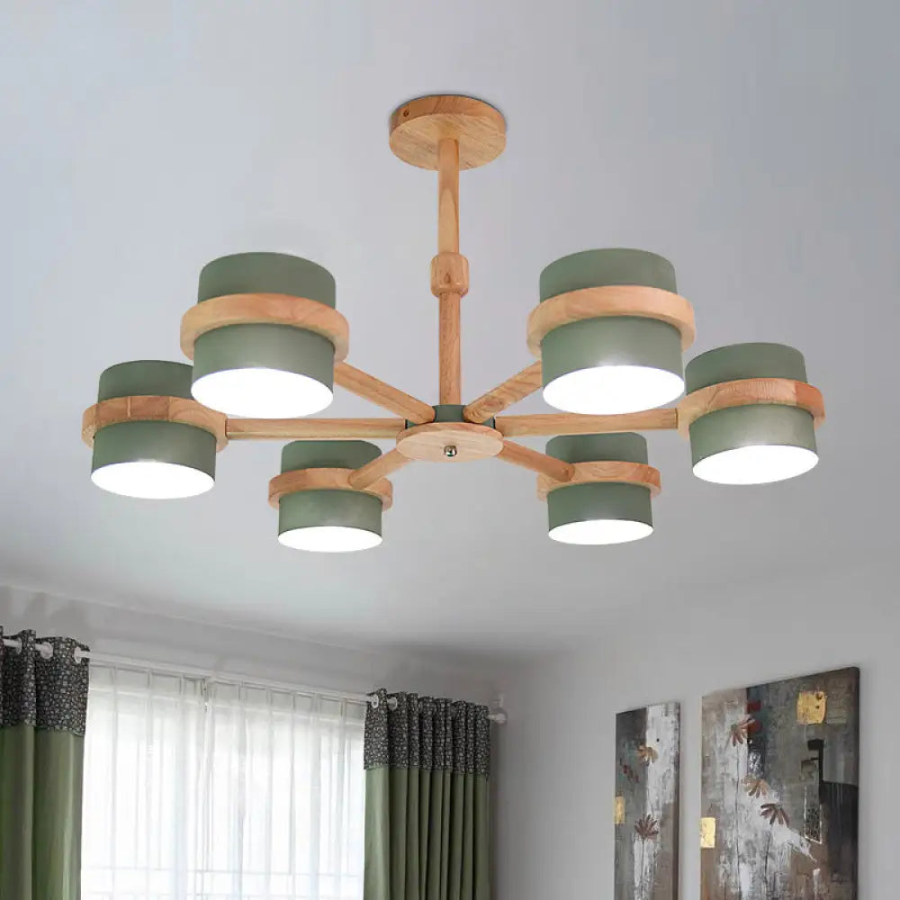 Nordic Wood Cylinder Chandelier - 6-Light Ceiling Pendant For Foyer And Cloth Shop Green