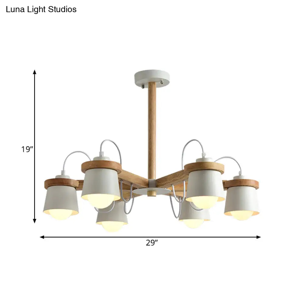 Nordic Wood Semi Flush Ceiling Mount Chandelier With Barrel Lampshade - 6 Bulbs Wheel Style White