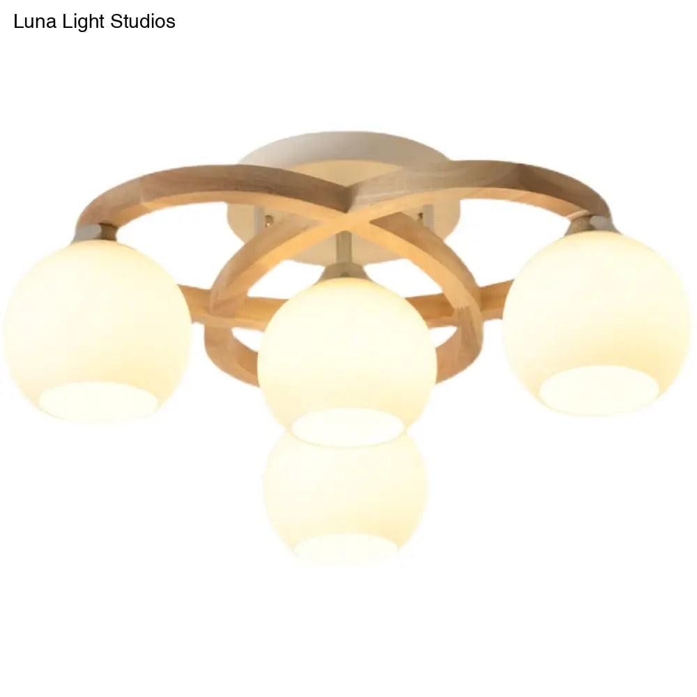 Nordic Wooden Semi Flush Bedroom Ceiling Lamp With Milk Glass Shade