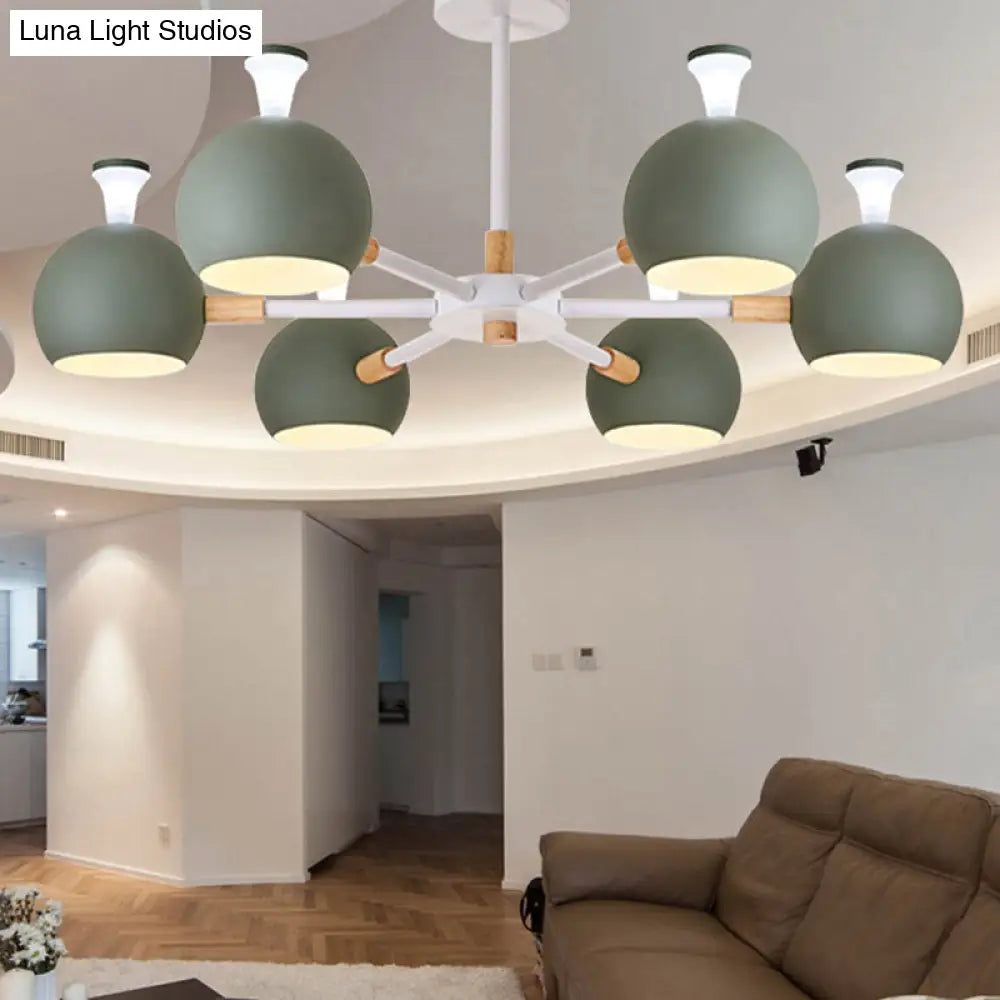 Nursing Room Snowflake Chandelier - 6-Head Wood Ceiling Pendant With Spherical Shade