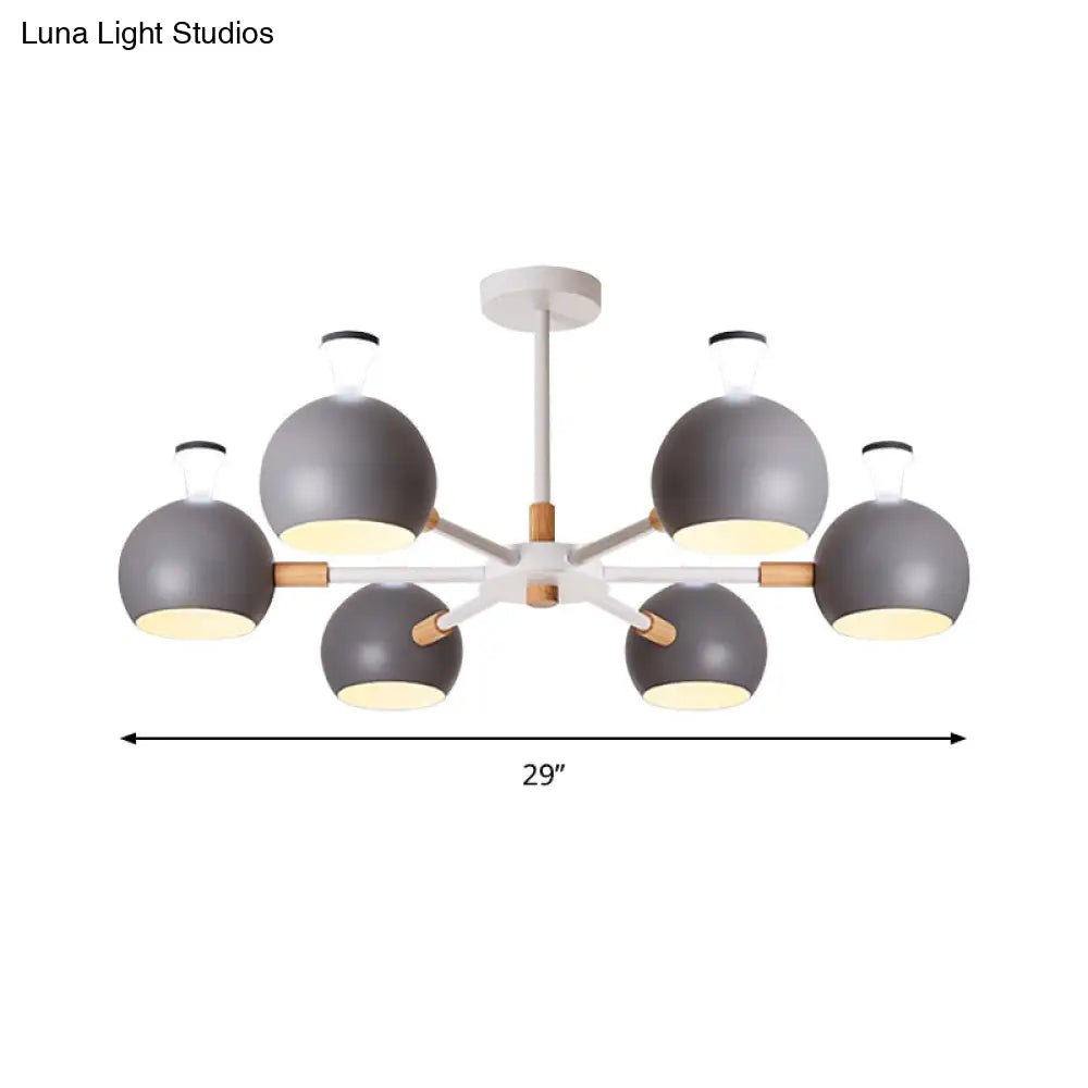 Nursing Room Snowflake Chandelier - 6-Head Wood Ceiling Pendant With Spherical Shade