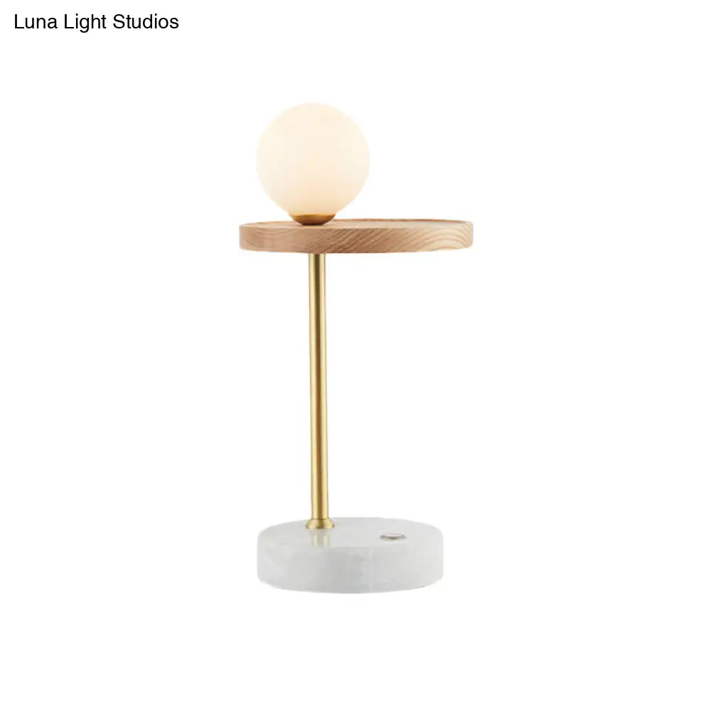 Opal Glass Asian Nightstand Lamp With Wood Sphere Design - Perfect For Living Room