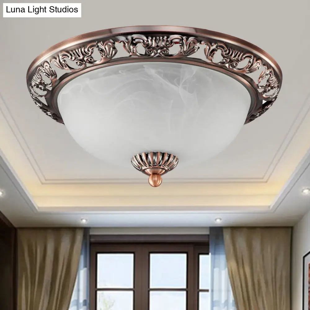Opal Glass Flush Mount Ceiling Light In Bronze/Copper - Countryside 3 - Head Metal Fixture Wide