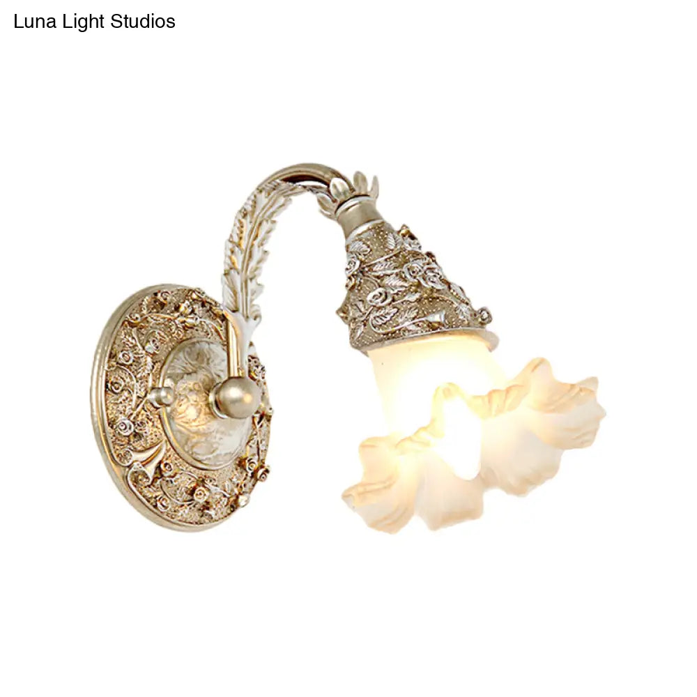Opal Glass Wall Sconce In Silver/White With Arched Arm For Rustic Charm