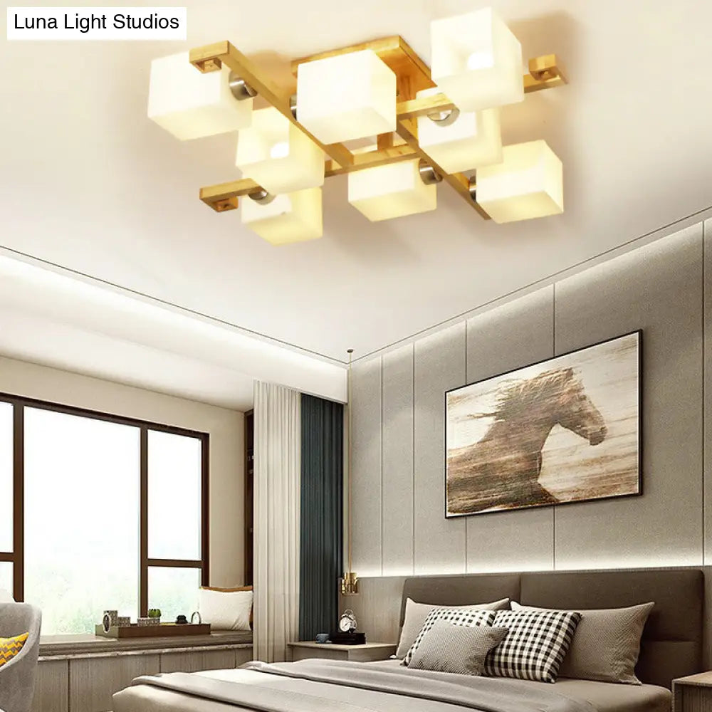 Opal Glass & Wood Cube Shade Ceiling Lamp - Modern Led Flush Light For Living Room Beige